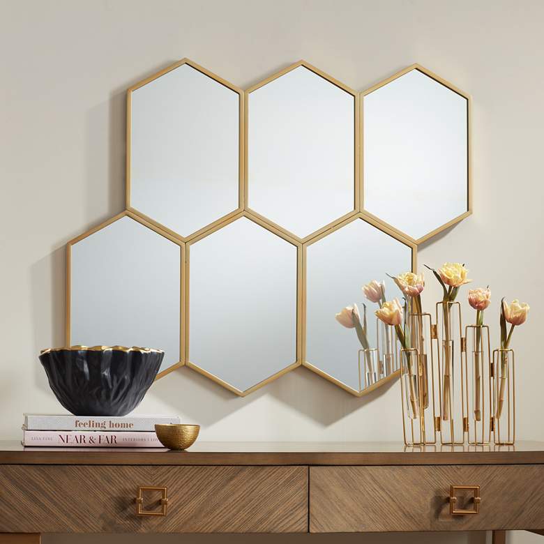 Image 1 Troye Gold Metal 35 1/2 inch x 29 1/2 inch 6-Hexagonal Wall Mirror