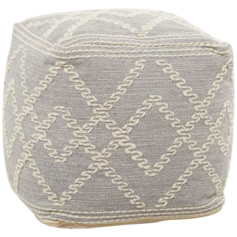 Trullo White and Gray Geometric Hand Woven Cotton and Wool Pouf Ottoman