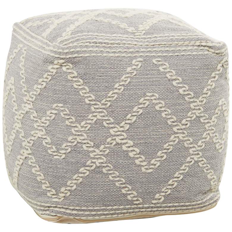 Image 1 Trullo White and Gray Geometric Hand Woven Cotton and Wool Pouf Ottoman