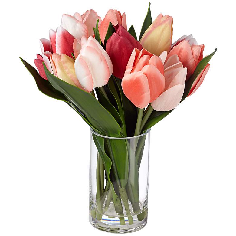 Image 1 Tulip 12 1/2 inch Wide Faux Silk Flowers in Clear Glass Vase