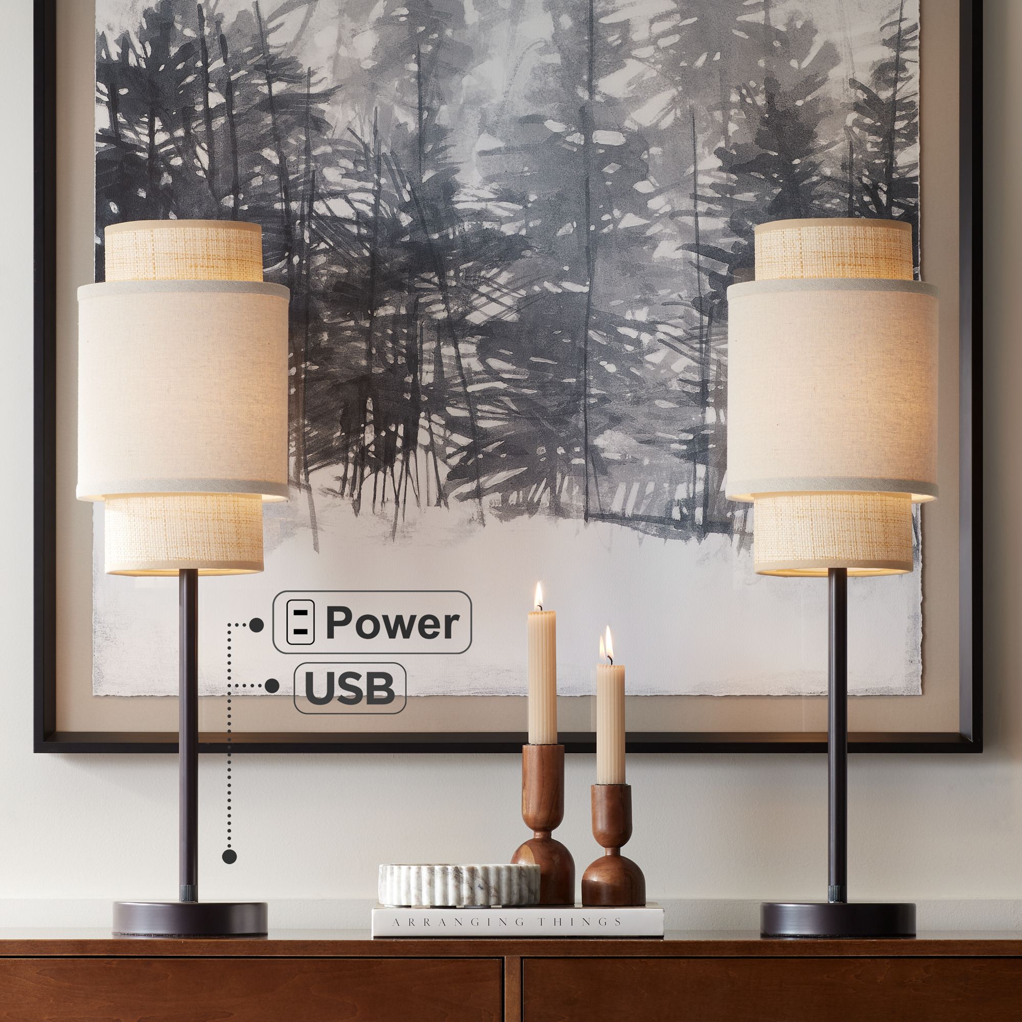 Tull 27" Tiered Dark Bronze Outlet and USB Table Lamps Set of 2 in scene