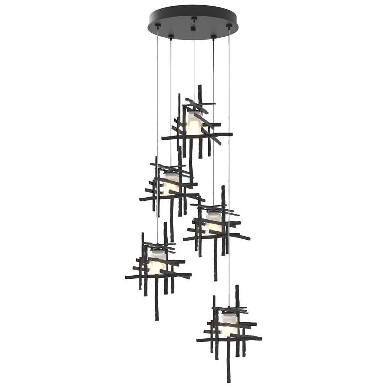 Image 1 Tura 27.3" Wide 5-Light Black Long Pendant With Frosted Cast Glass Sha