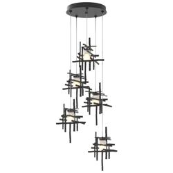 Tura 27.3&quot; Wide 5-Light Black Long Pendant With Frosted Cast Glass Sha