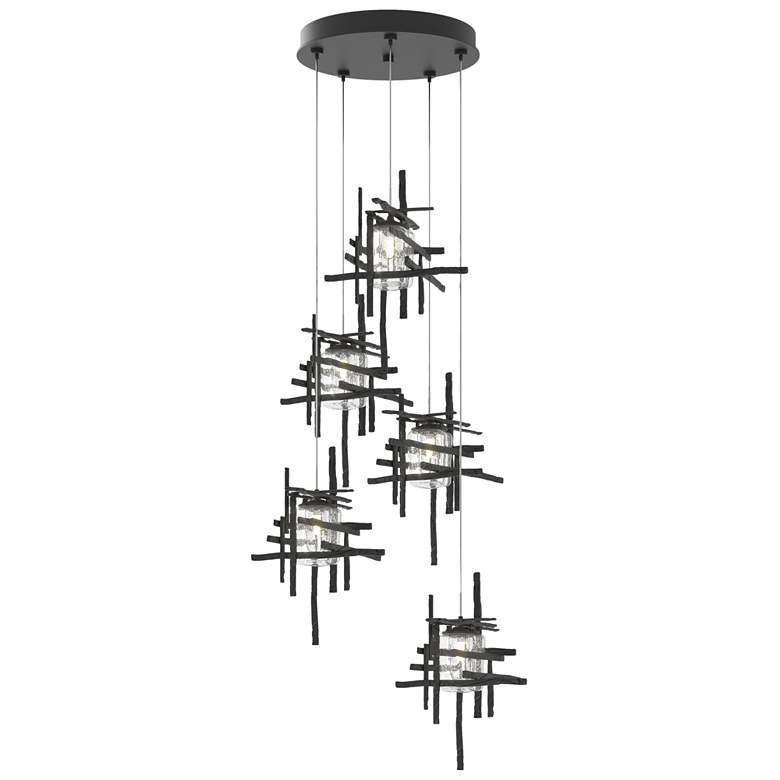 Image 1 Tura 27.3 inch Wide 5-Light Black Long Pendant With Seeded Clear Glass Sha