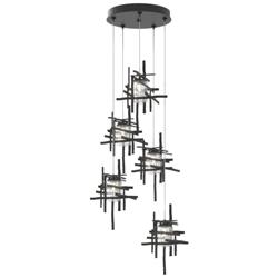 Tura 27.3&quot; Wide 5-Light Black Long Pendant With Seeded Clear Glass Sha