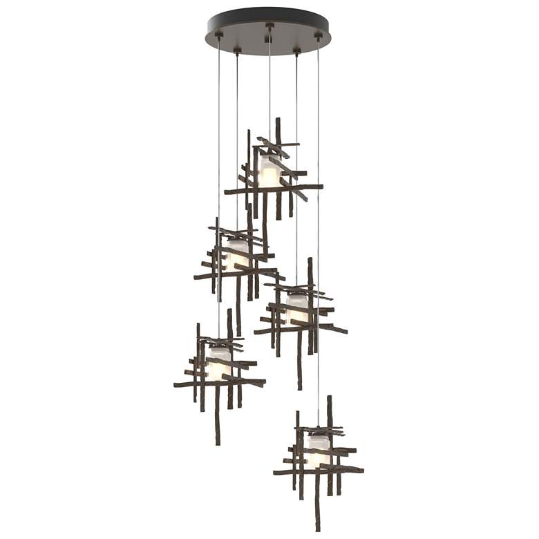 Image 1 Tura 27.3" Wide 5-Light Bronze Long Pendant With Frosted Cast Glass Sh