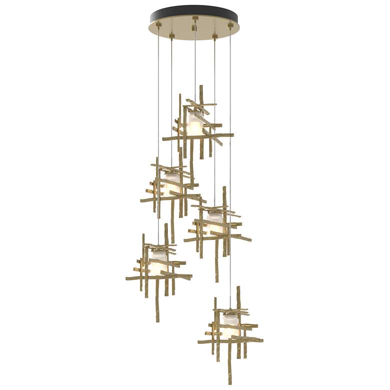 Image 1 Tura 27.3" Wide 5-Light Modern Brass Standard Pendant w/ Frosted Shade