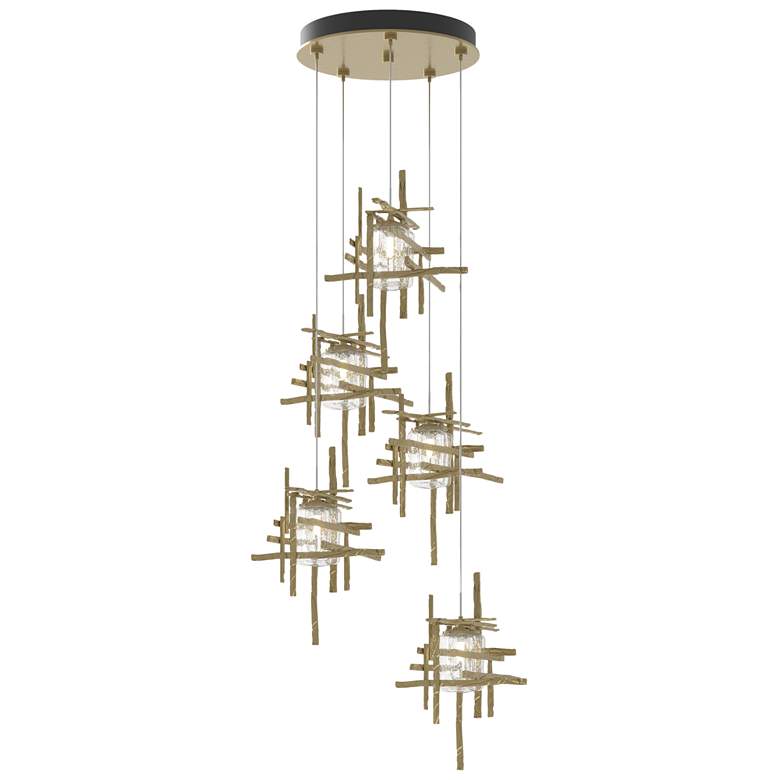 Image 1 Tura 27.3" Wide 5-Light Modern Brass Standard Pendant w/ Seeded Glass