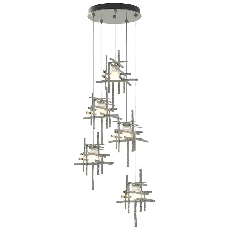 Image 1 Tura 27.3" Wide 5-Light Sterling Long Pendant With Frosted Cast Glass