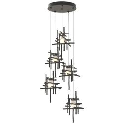 Tura 27.3&quot;W 5-Light Natural Iron Long Pendant w/ Frosted Cast Glass Sh