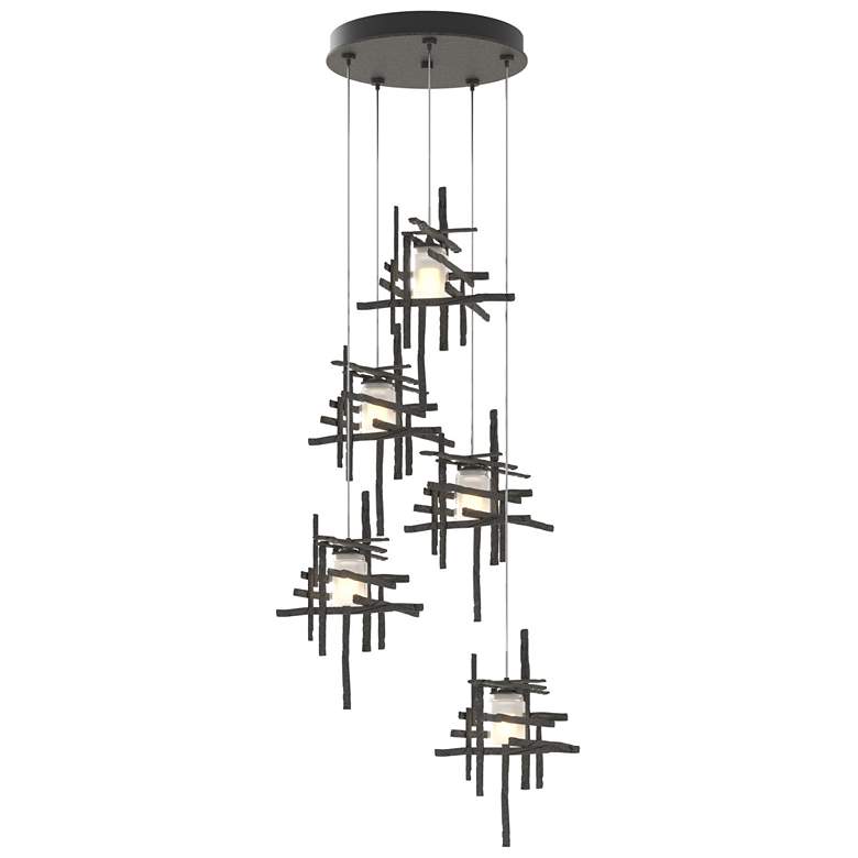 Image 1 Tura 27.3"W 5-Light Natural Iron Long Pendant w/ Frosted Cast Glass Sh
