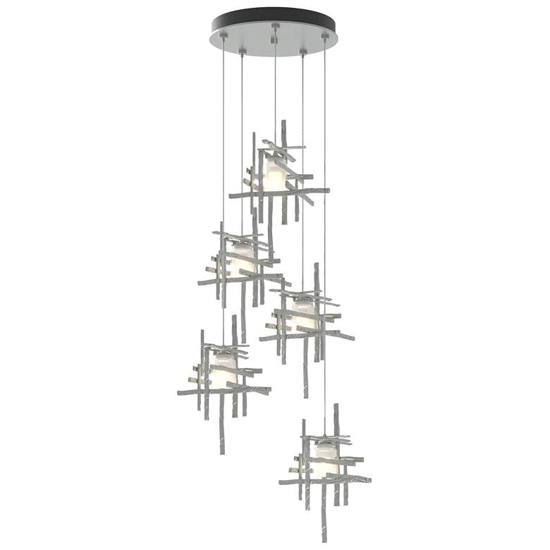 Image 1 Tura 27.3"W 5-Light Vintage Platinum Long Pendant w/ Frosted Glass Sha