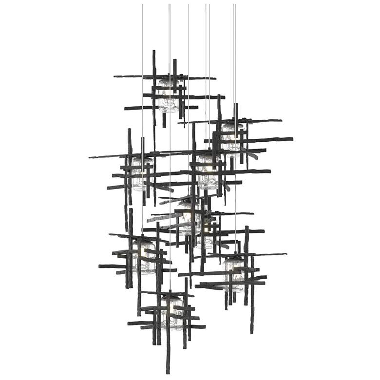Image 1 Tura 29.6"W 9-Light Round Black Long Pendant With Seeded Glass Shade
