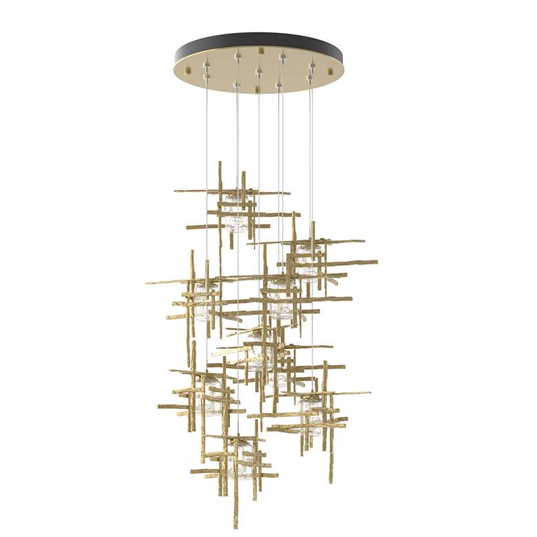 Image 1 Tura 29.6"W 9-Light Round Brass Standard Pendant w/ Seeded Glass Shade