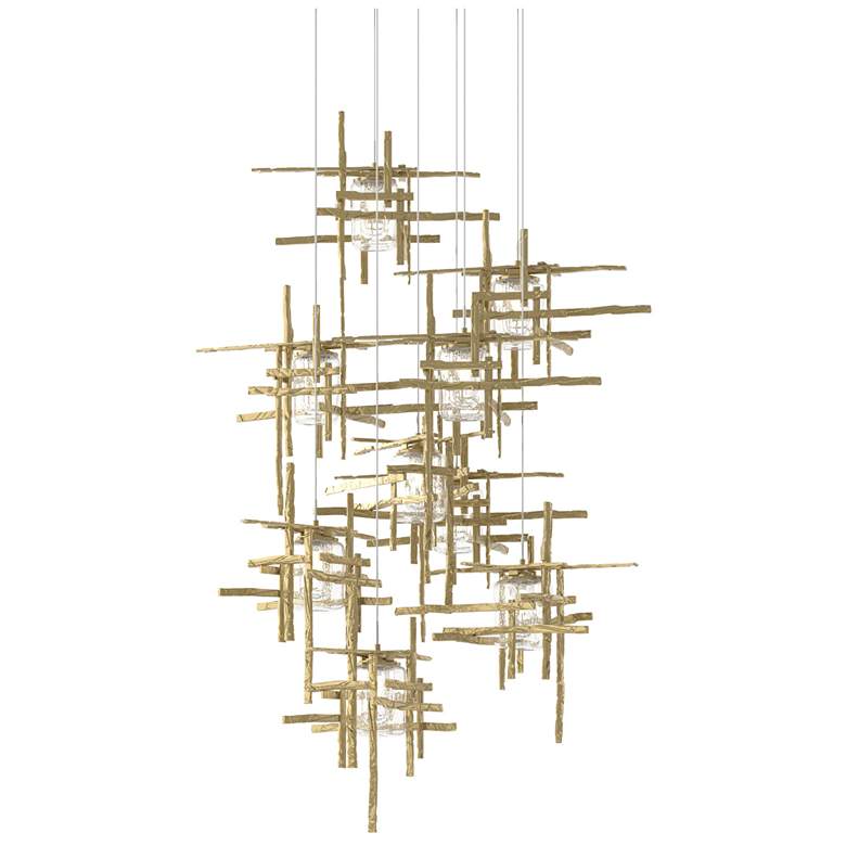 Image 1 Tura 29.6"W 9-Light Round Modern Brass Long Pendant w/ Seeded Glass Sh