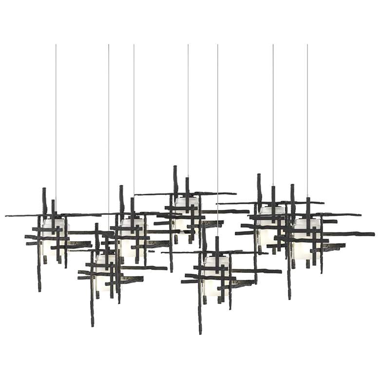 Image 1 Tura 53.6 inchW 7-Light Rectangular Black Long Pendant w/ Frosted Glass Sh