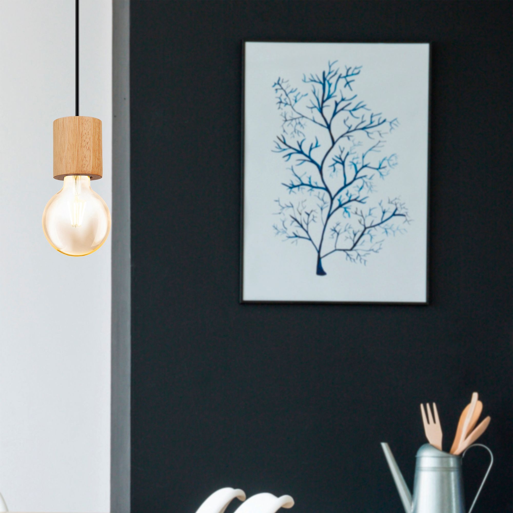 Image 2 Turialdo Open Bulb Single Light Pendant, Natural Wood and Black Finish more views