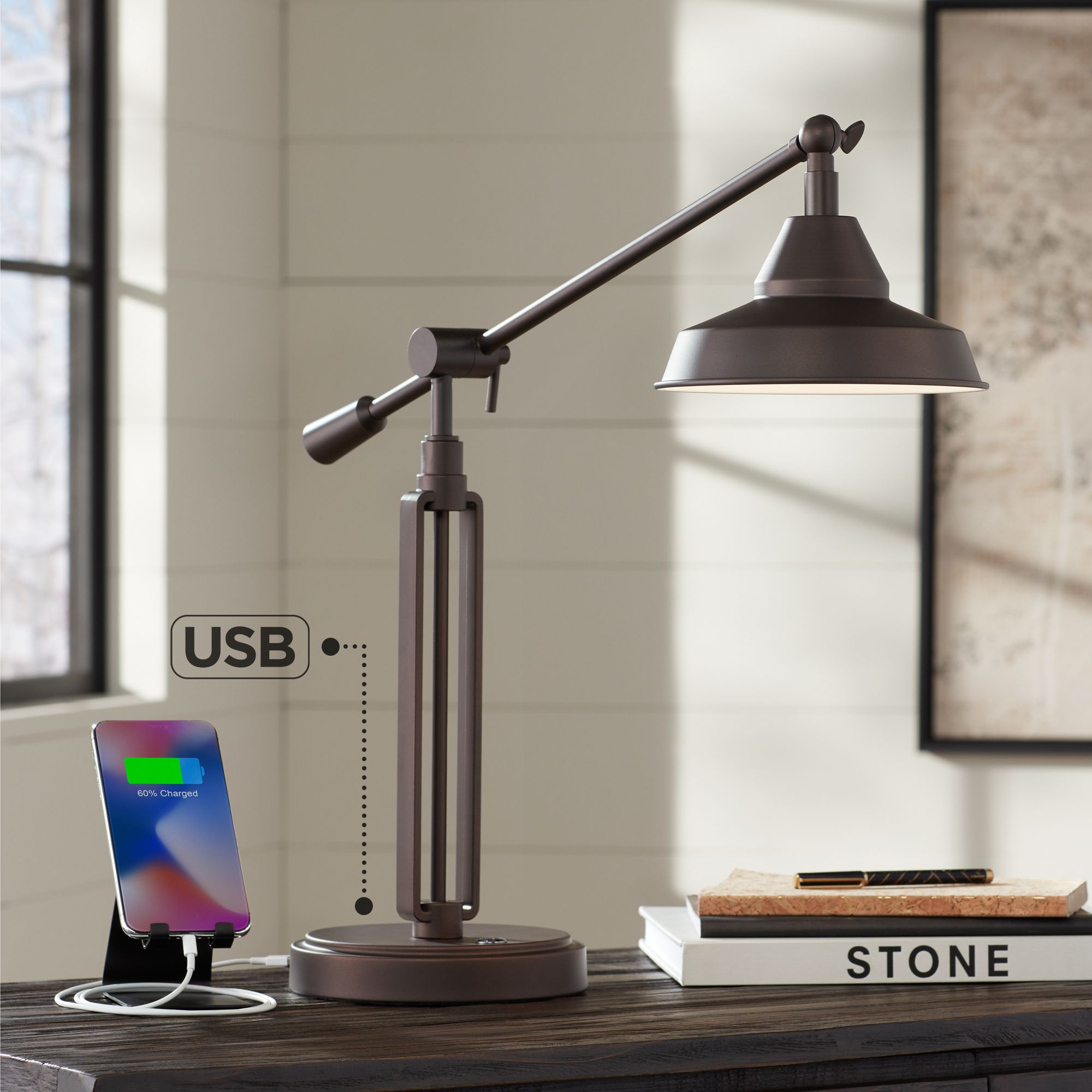 Turnbuckle Bronze LED Desk Lamp with USB Port 32Y24 Lamps Plus