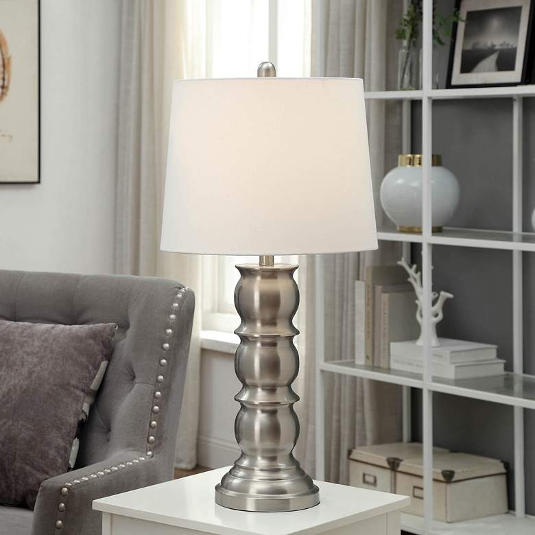 Image 1 Turned Brushed Steel Table Lamp with Touch Switch