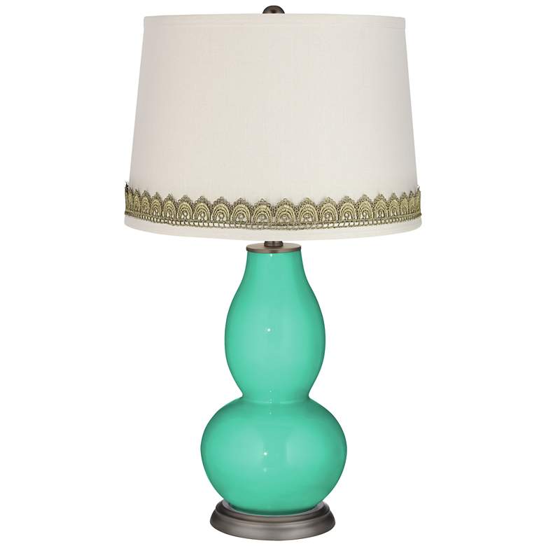 Image 1 Turquoise Double Gourd Table Lamp with Scallop Lace Trim
