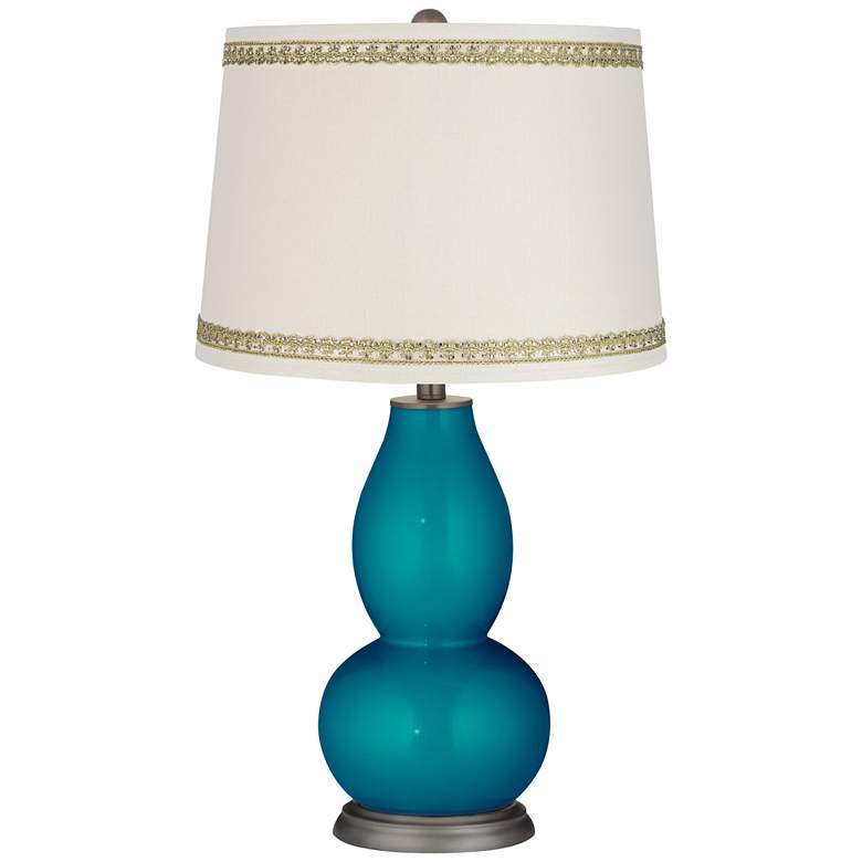 Image 1 Turquoise Metallic Double Gourd Lamp with Rhinestone Lace Trim