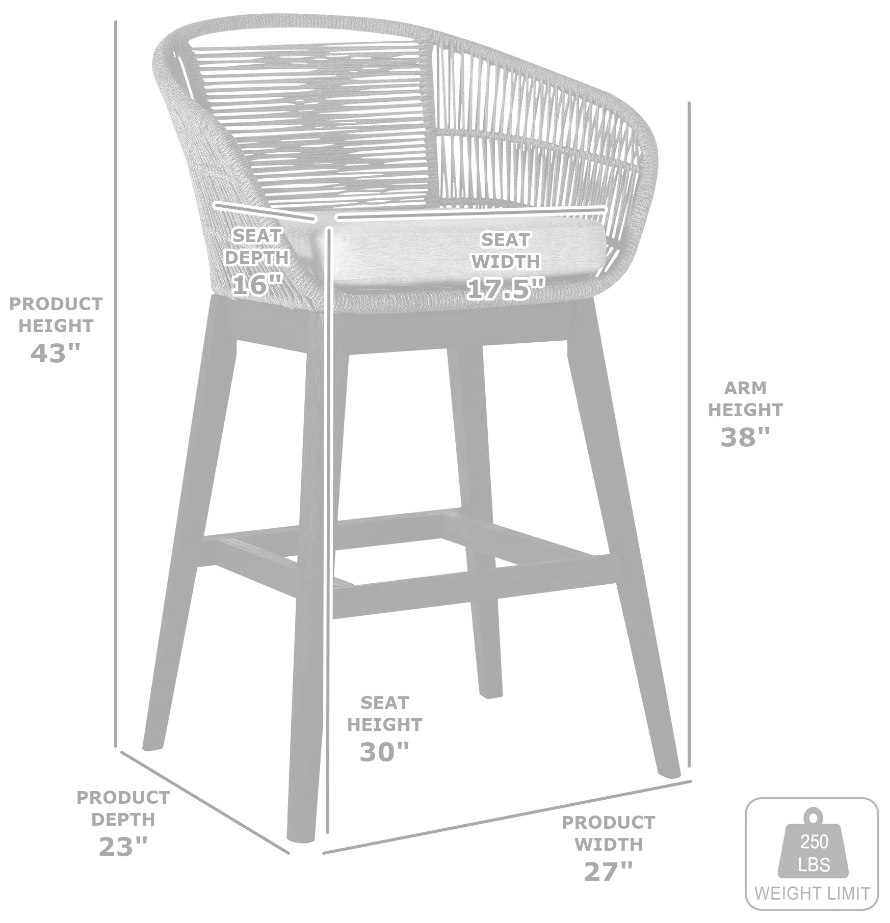 Tutti Frutti Indoor Outdoor Bar Height Bar Stool in Aged Wood with Rope