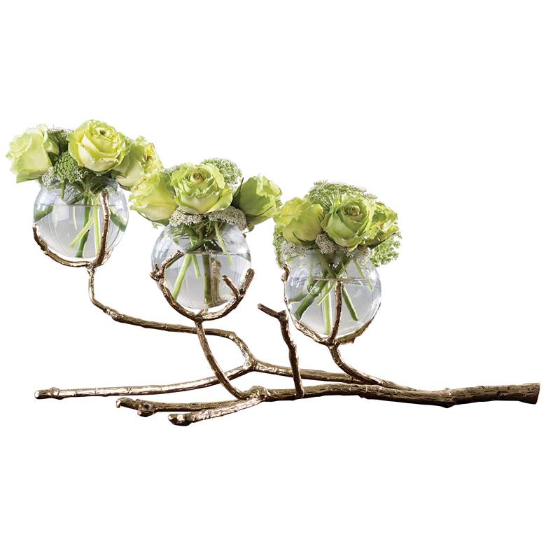 Image 2 Twig 24" Wide Cast Brass Holder with 3-Clear Glass Bud Vases