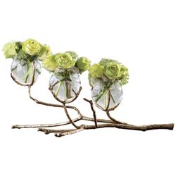 Twig 24&quot; Wide Cast Brass Holder with 3-Clear Glass Bud Vases