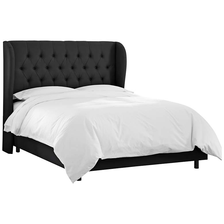 Image 1 Twill Black Queen Diamond Tufted Wingback Bed