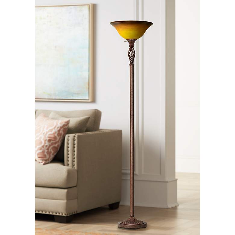 Image 1 Twisted Cage Glass Shade Torchiere Floor Lamp