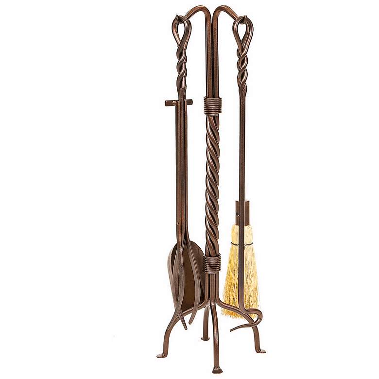 Image 1 Twisted Rope Bronze 4-Piece Wrought Iron Fireplace Tool Set