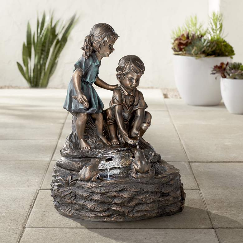 Image 1 Two Kids Over Pond 26 inch High Bronze LED Floor Water Fountain