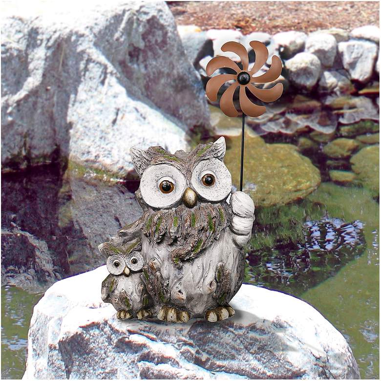 Image 1 Two Owls with a Wind Spinner 22 inch High Stone Garden Statue