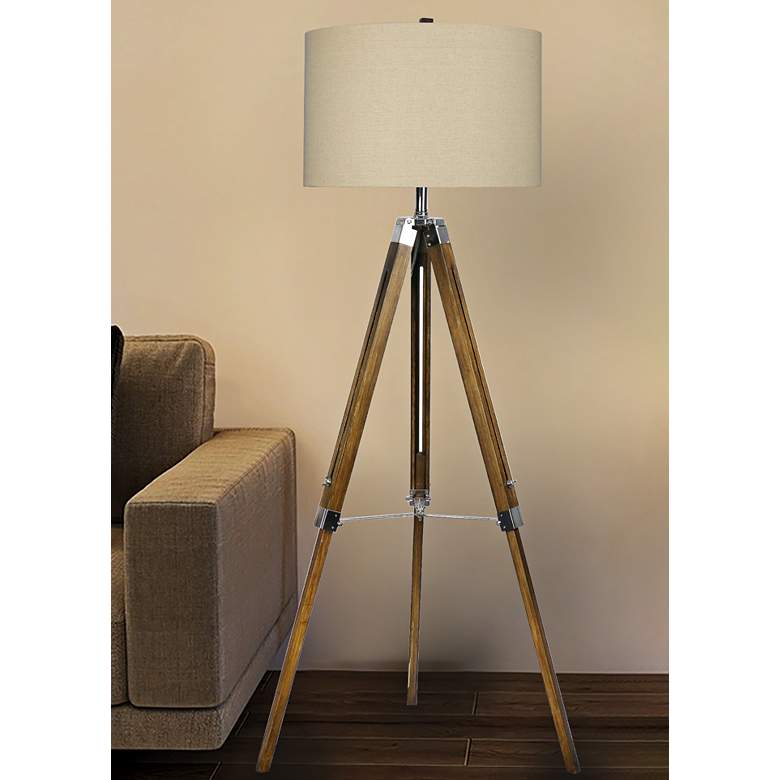 Image 1 Tycho Coffee Wood and Nickel Metal Tripod Floor Lamp