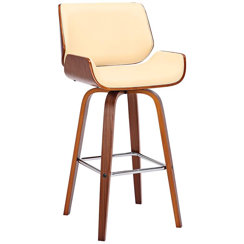 Image 2 Tyler 26 in. Swivel Barstool in Cream Faux Leather and Walnut Wood