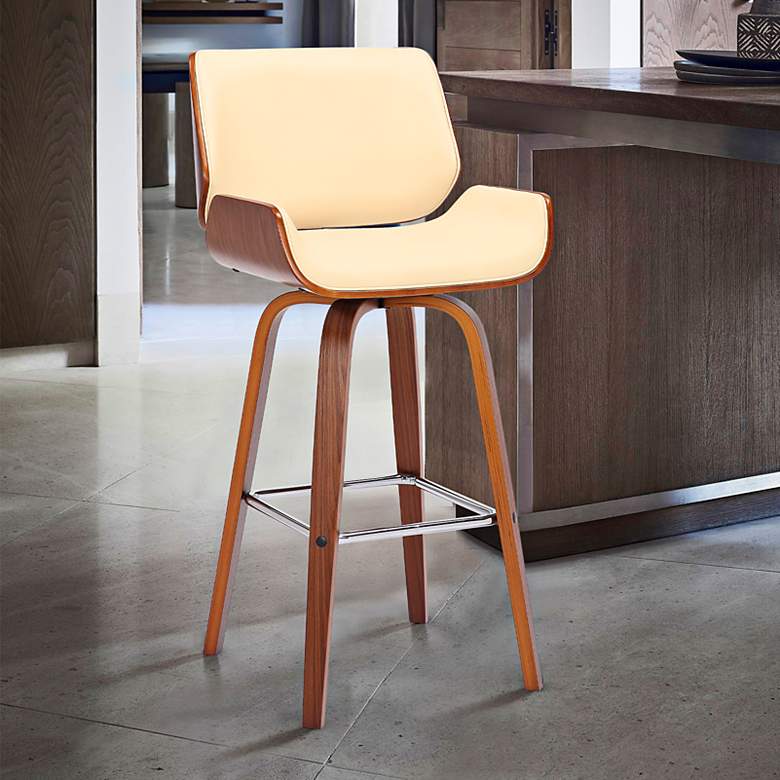 Image 1 Tyler 26 in. Swivel Barstool in Cream Faux Leather and Walnut Wood