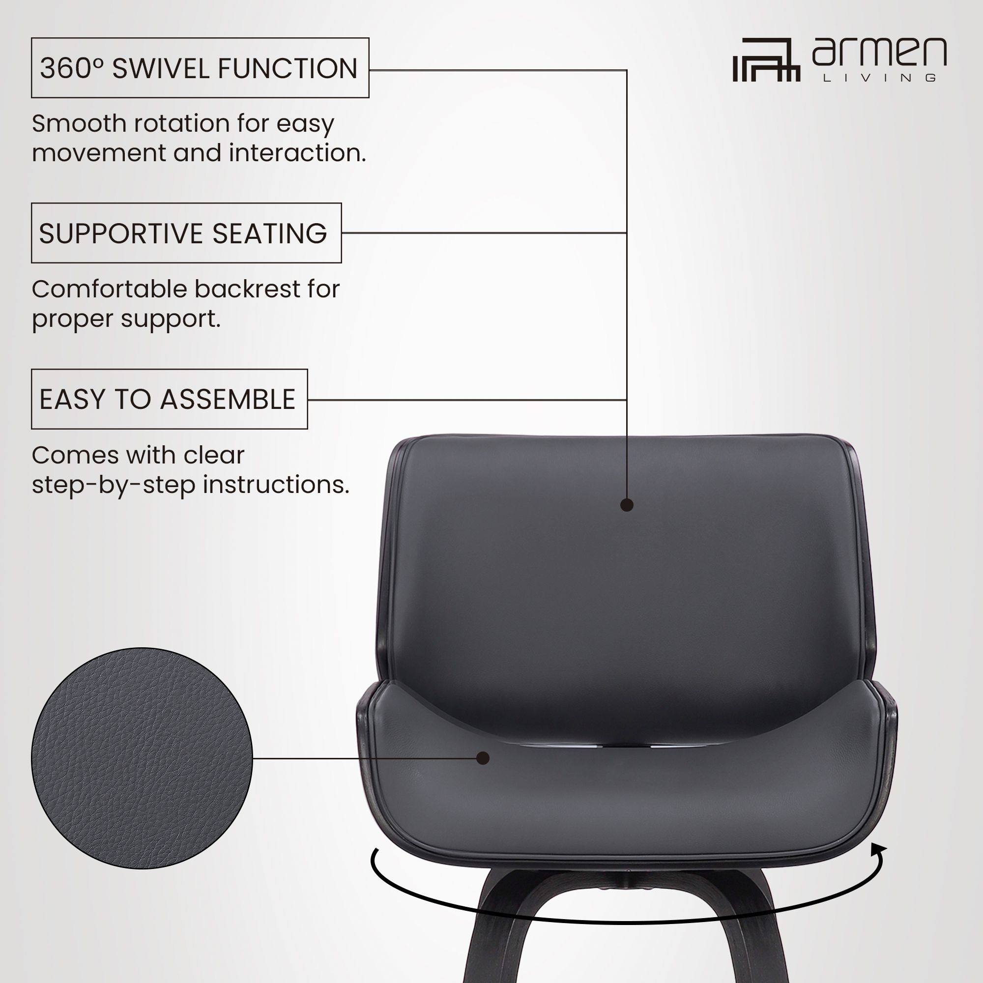 Tyler 26 in. Swivel Barstool in Grey Faux Leather and Black Wood