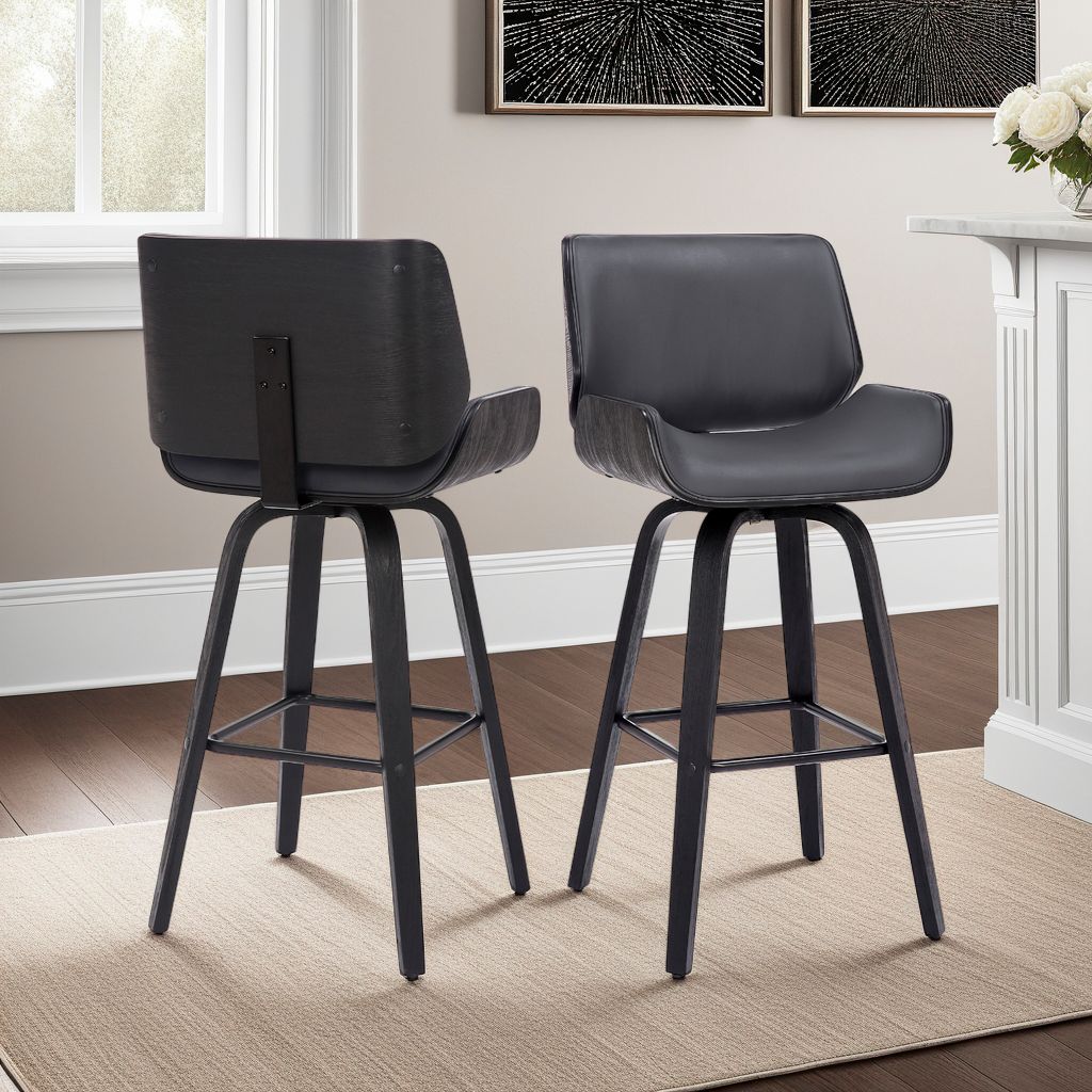 Tyler 26 in. Swivel Barstool in Grey Faux Leather and Black Wood