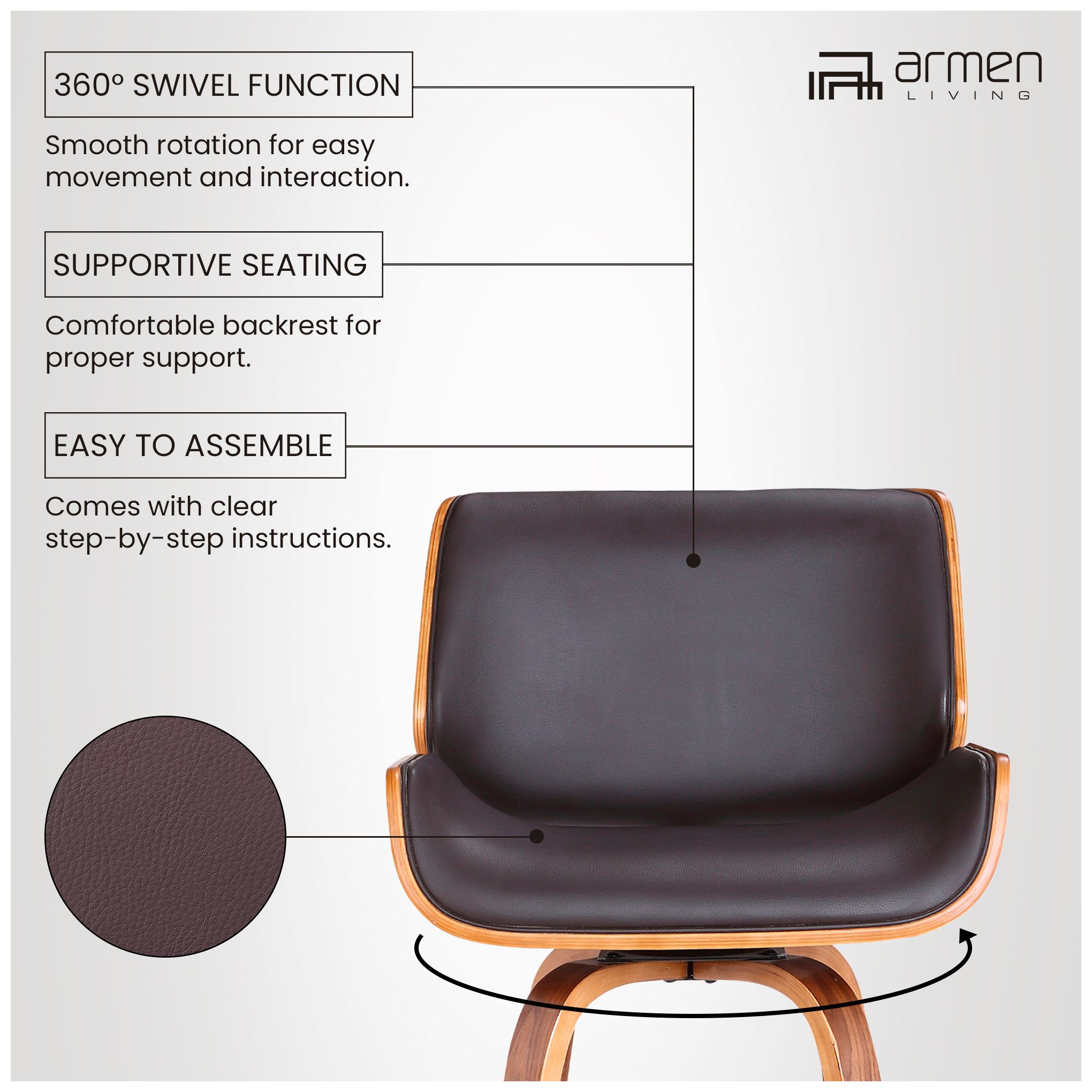 Tyler 30 in. Swivel Barstool in Brown Faux Leather and Walnut Wood