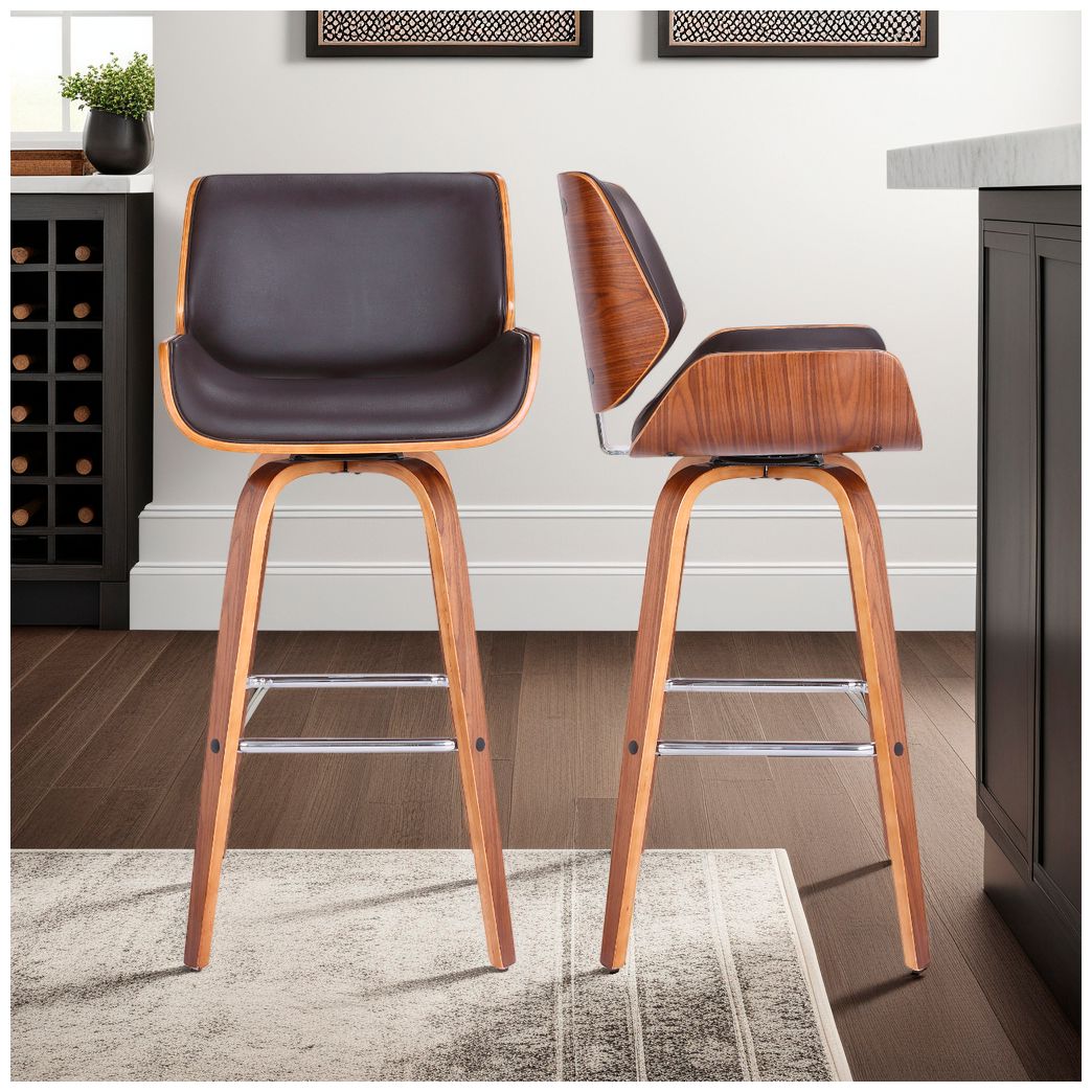 Tyler 30 in. Swivel Barstool in Brown Faux Leather and Walnut Wood