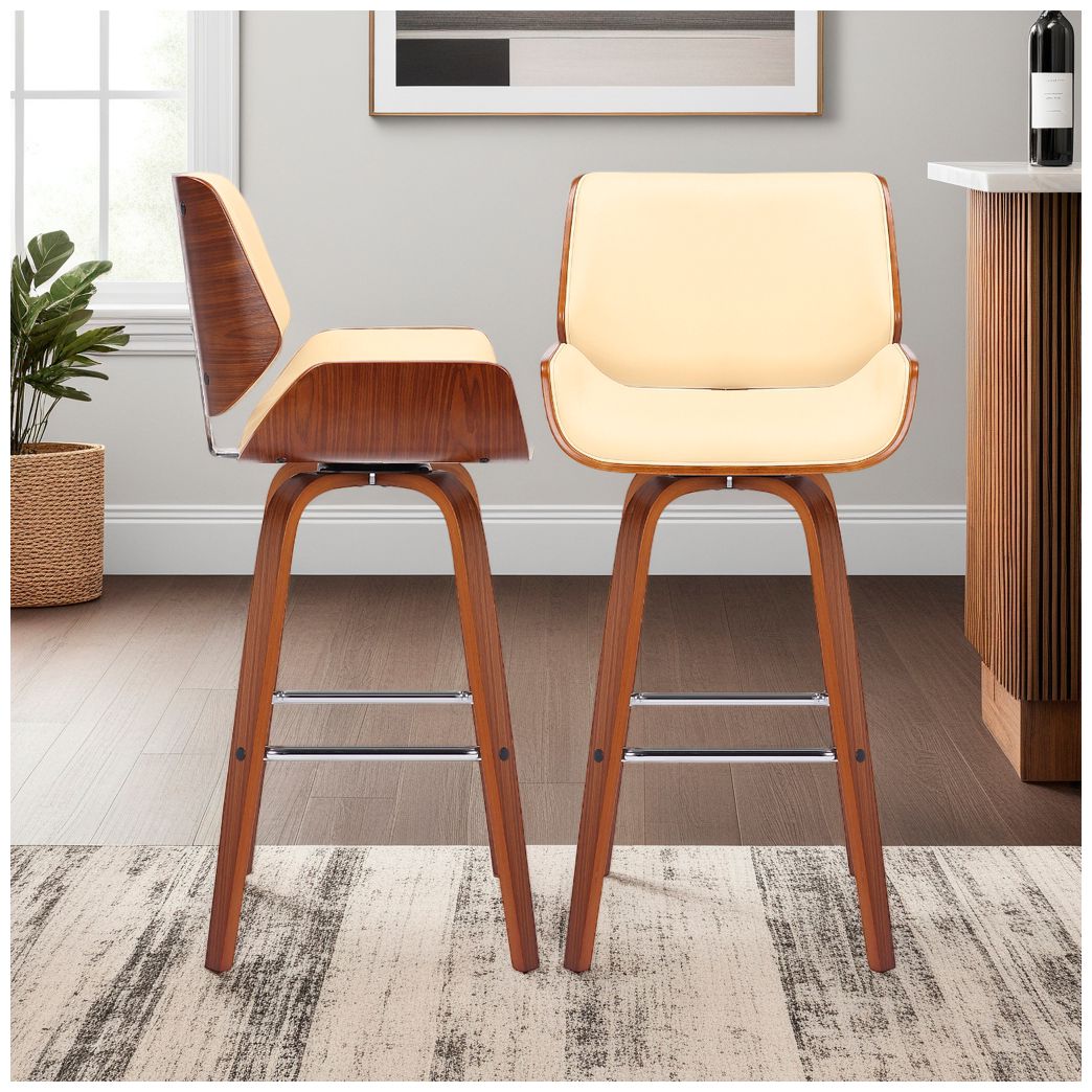 Tyler 30 in. Swivel Barstool in Cream Faux Leather and Walnut Wood