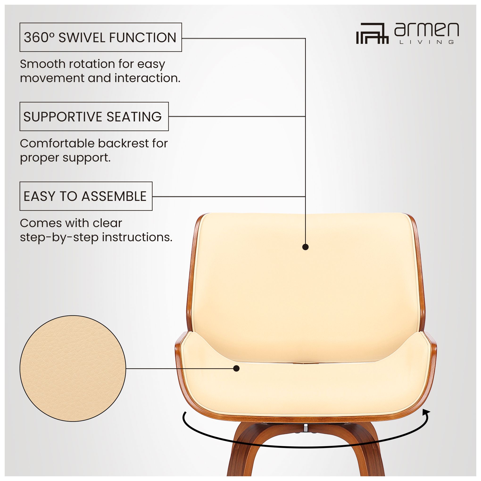 Tyler 30 in. Swivel Barstool in Cream Faux Leather and Walnut Wood