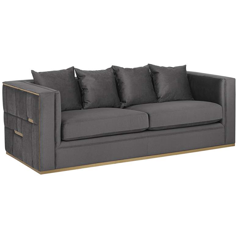Image 3 Tyler 91" Wide Grey Faux Leather Modern Sofa with Pillows