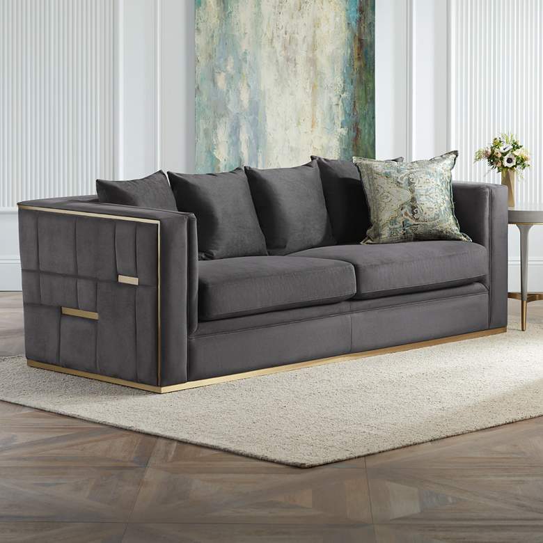Image 2 Tyler 91" Wide Grey Faux Leather Modern Sofa with Pillows