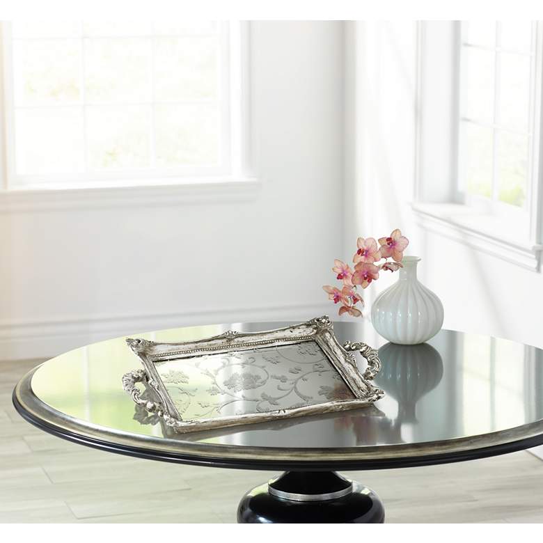 Floral Pattern 13&quot; Wide Silver Mirrored Decorative Tray in scene