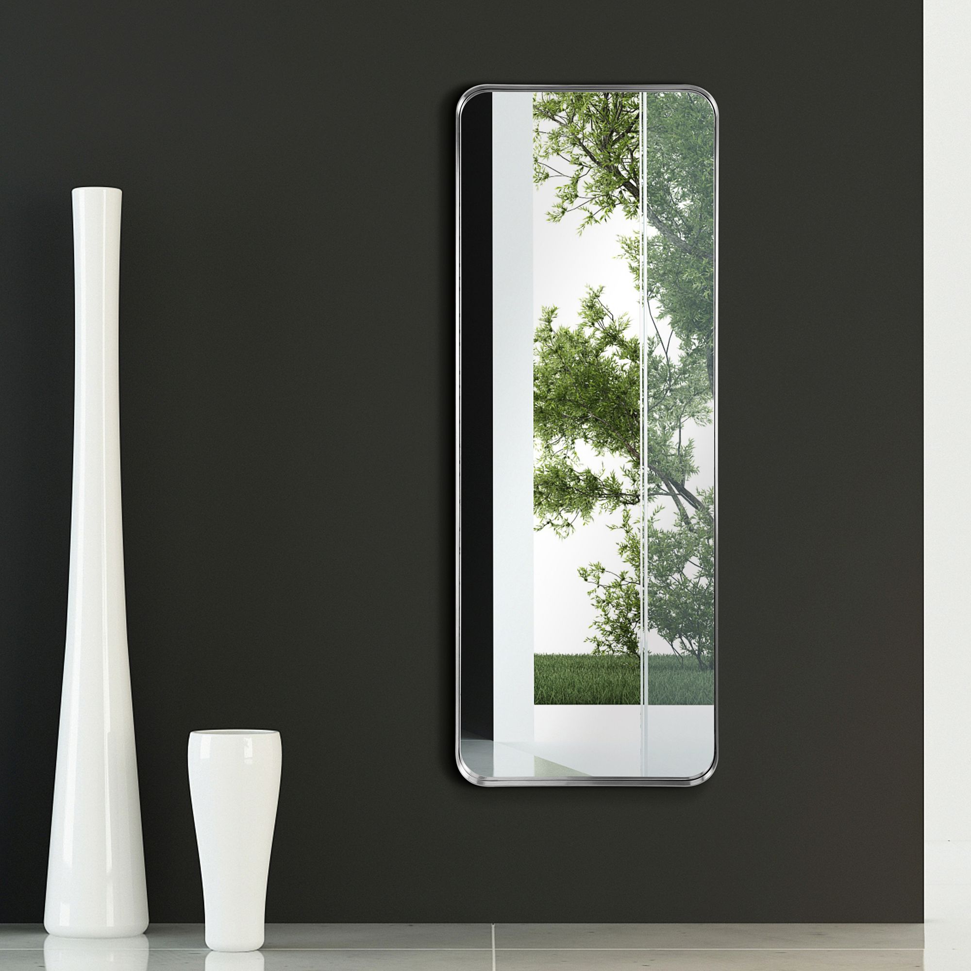 Ultra Brushed Silver 18" x 48" Framed Wall Mirror in scene