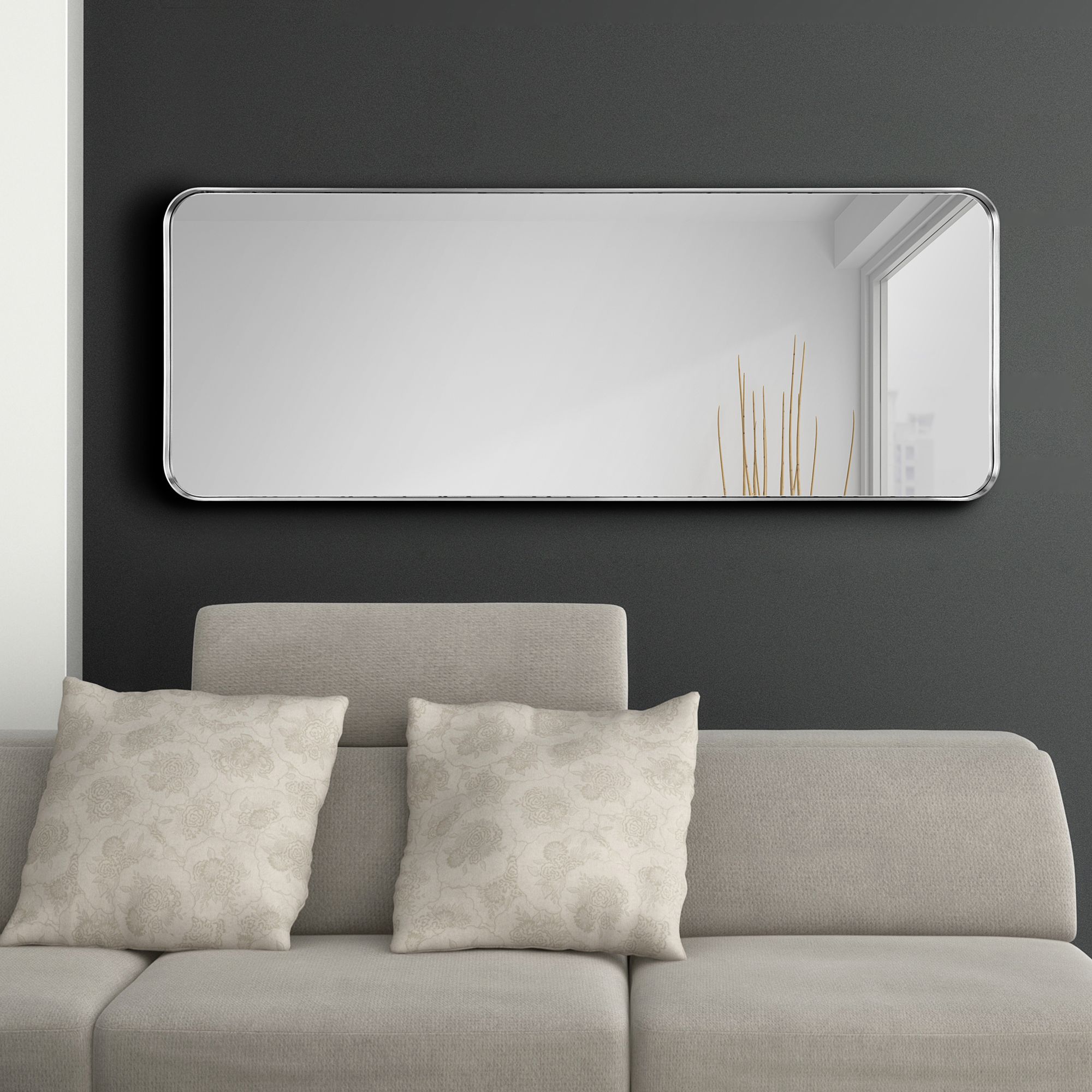 Ultra Brushed Silver 18" x 48" Framed Wall Mirror in scene