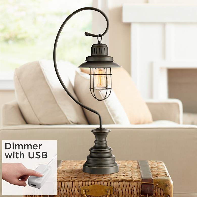 Image 1 Ulysses Oil-Rubbed Bronze Industrial Lantern Desk Lamp with USB Dimmer