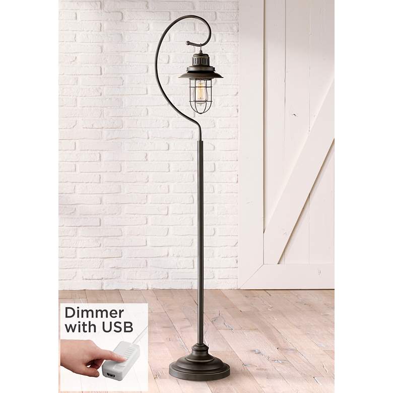 Image 1 Ulysses Oil-Rubbed Bronze Industrial Lantern Floor Lamp with USB Dimmer