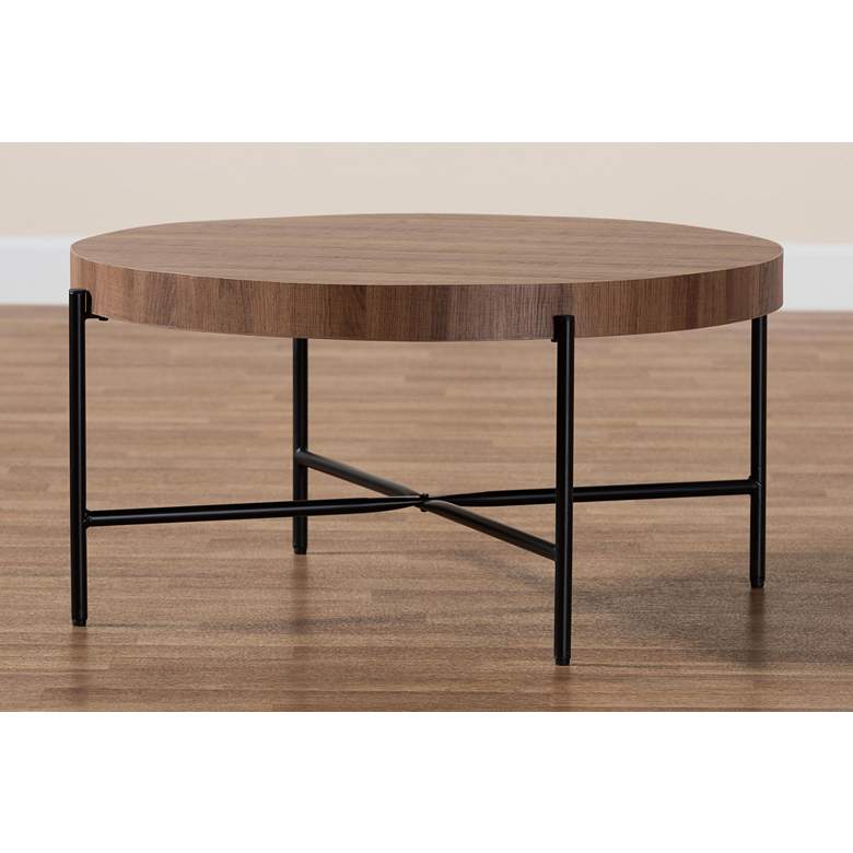 Image 1 Umar 31 1/2"W Walnut Brown Black Metal Round Coffee Table